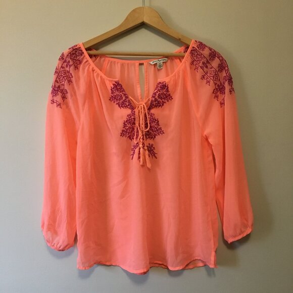 American Eagle Sheer Neon Orange Pink Bohemian Blouse - Picture 2 of 14